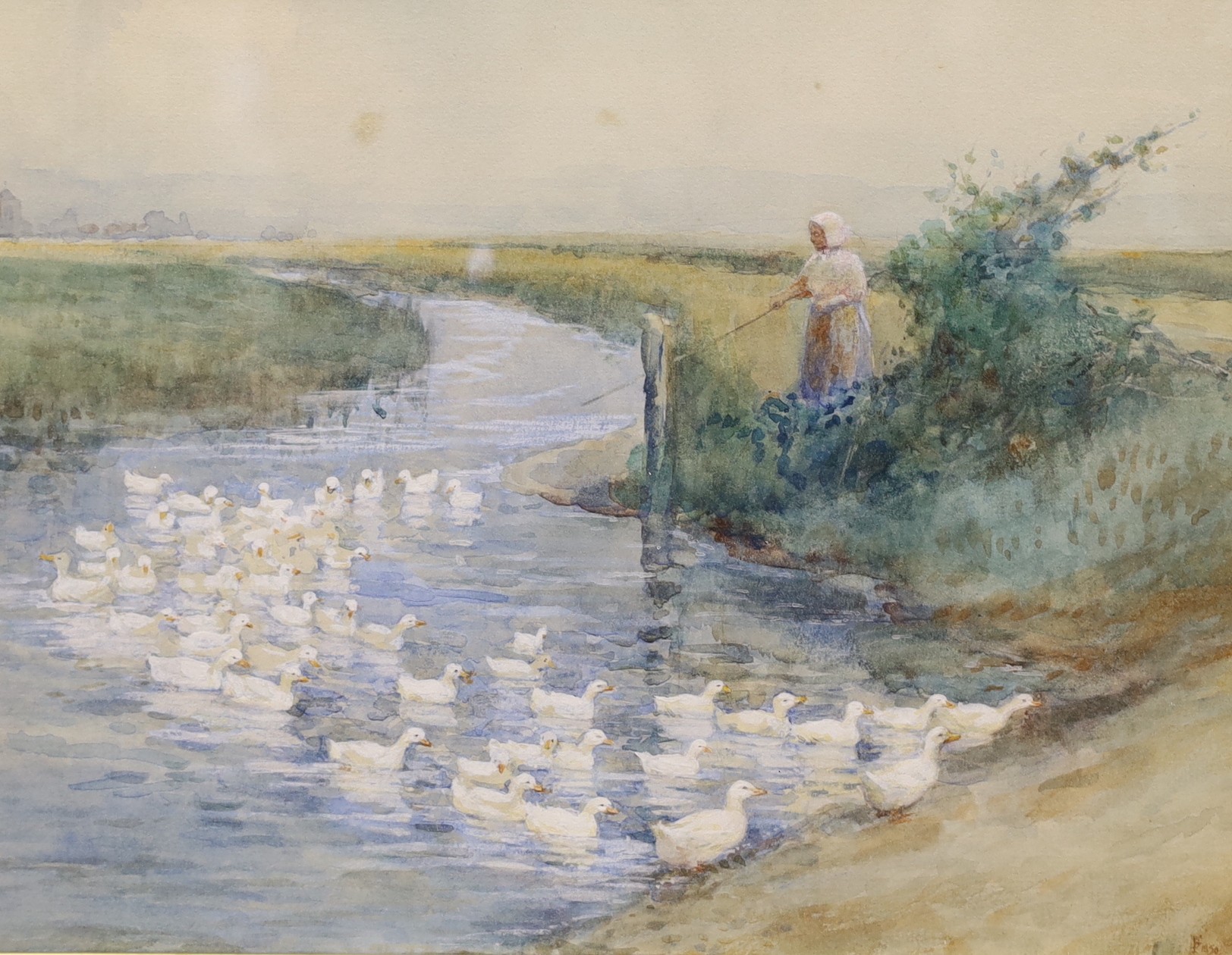 Circle of Myles Birket Foster, watercolour, 'Woman and ducks', bears monogram and date 1850, 22 x 29cm